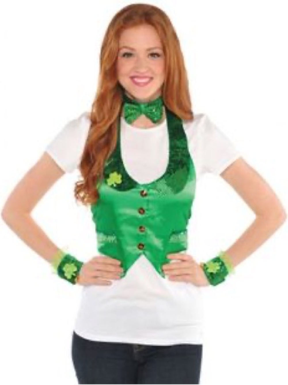 Amscan Adult Leprechaun Costume with sequin vest, bow tie choker, and wrist cuff